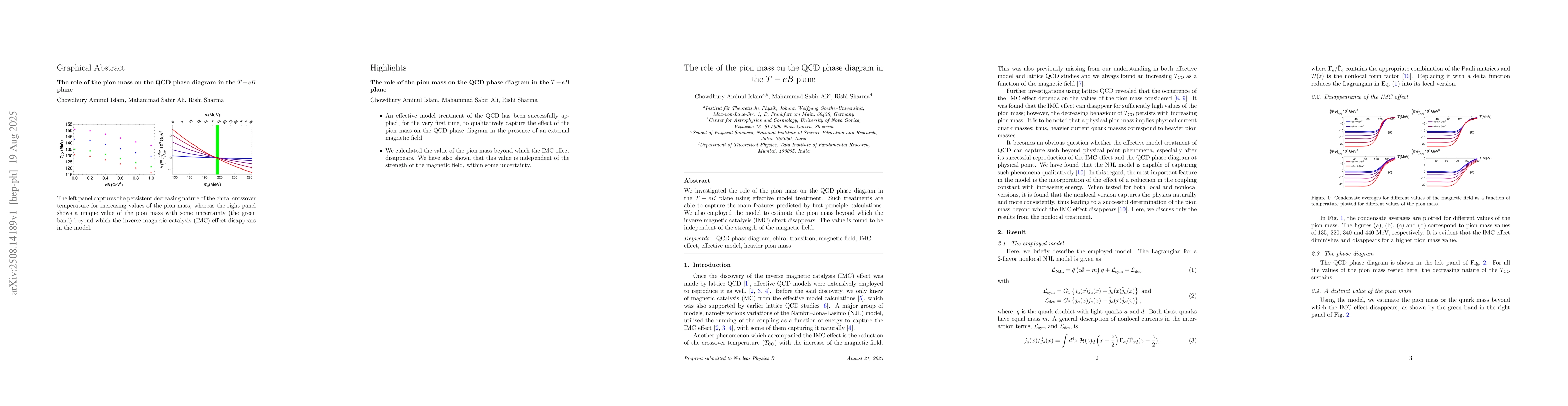 Thumbnail for The role of the pion mass on the QCD phase diagram in the $T-eB$ plane