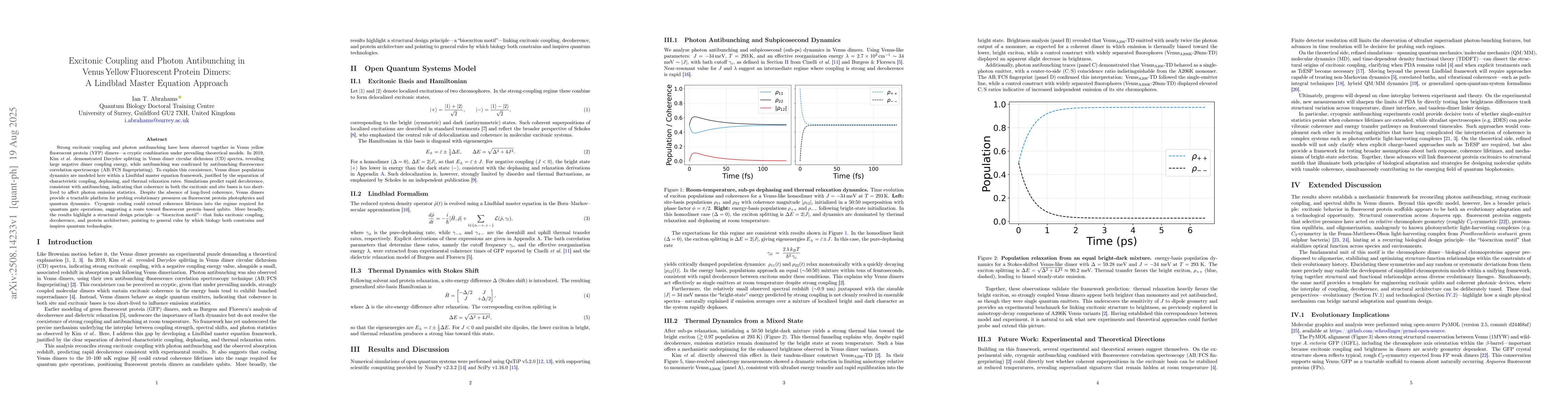Thumbnail for Excitonic Coupling and Photon Antibunching in Venus Yellow Fluorescent
  Protein Dimers: A Lindblad Master Equation Approach