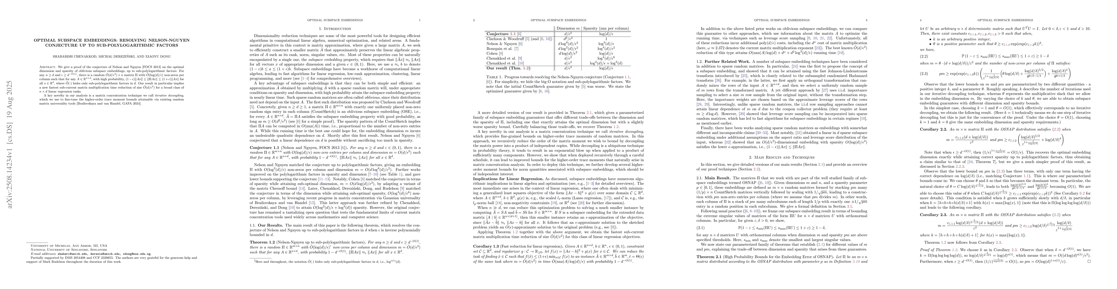 Thumbnail for Optimal Subspace Embeddings: Resolving Nelson-Nguyen Conjecture Up to
  Sub-Polylogarithmic Factors