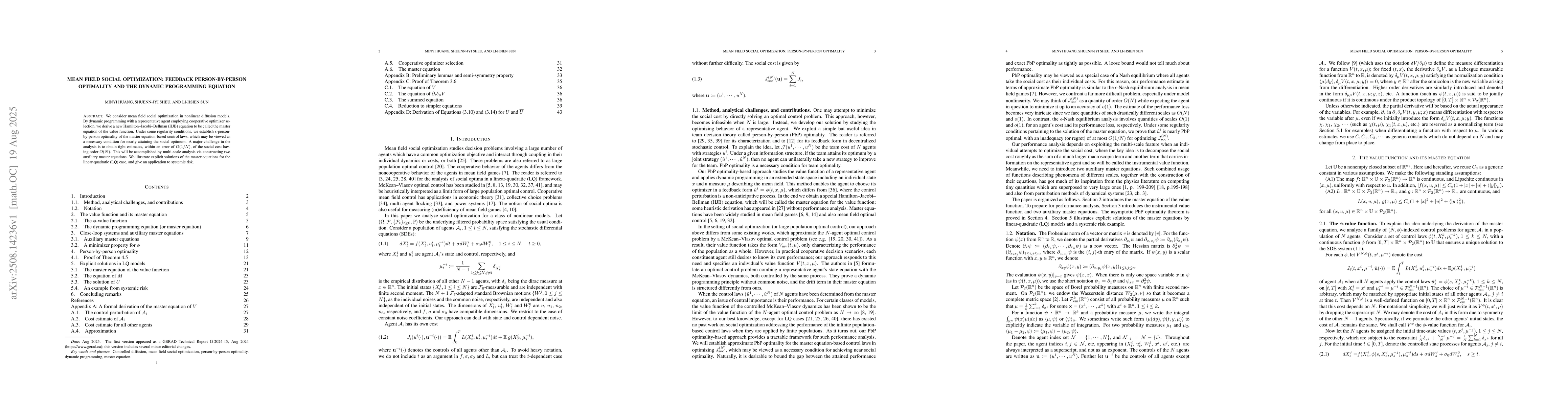 Thumbnail for Mean field social optimization: feedback person-by-person optimality and
  the dynamic programming equation
