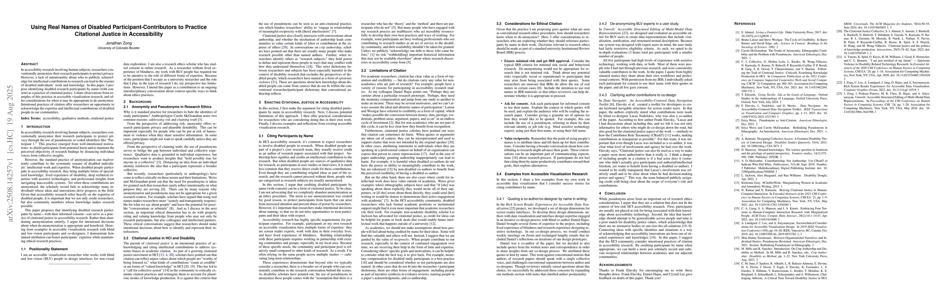 Thumbnail for Using Real Names of Disabled Participant-Contributors to Practice
  Citational Justice in Accessibility