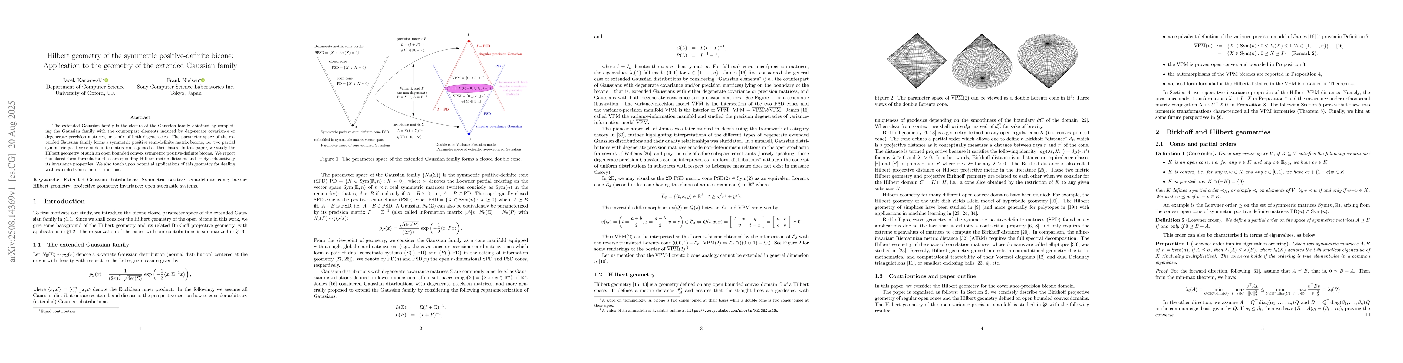 Thumbnail for Hilbert geometry of the symmetric positive-definite bicone: Application
  to the geometry of the extended Gaussian family