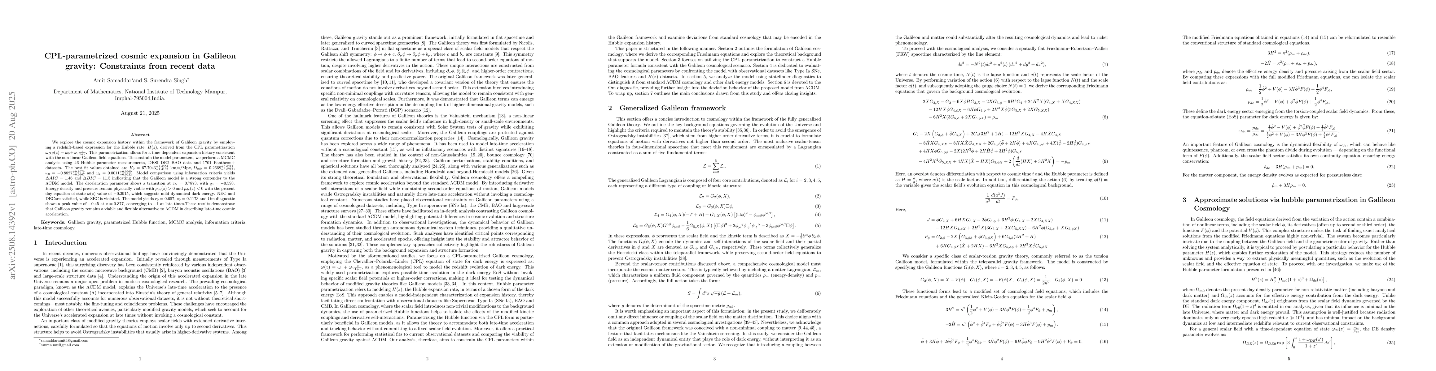 Thumbnail for CPL-parametrized cosmic expansion in Galileon gravity: Constraints from
  recent data