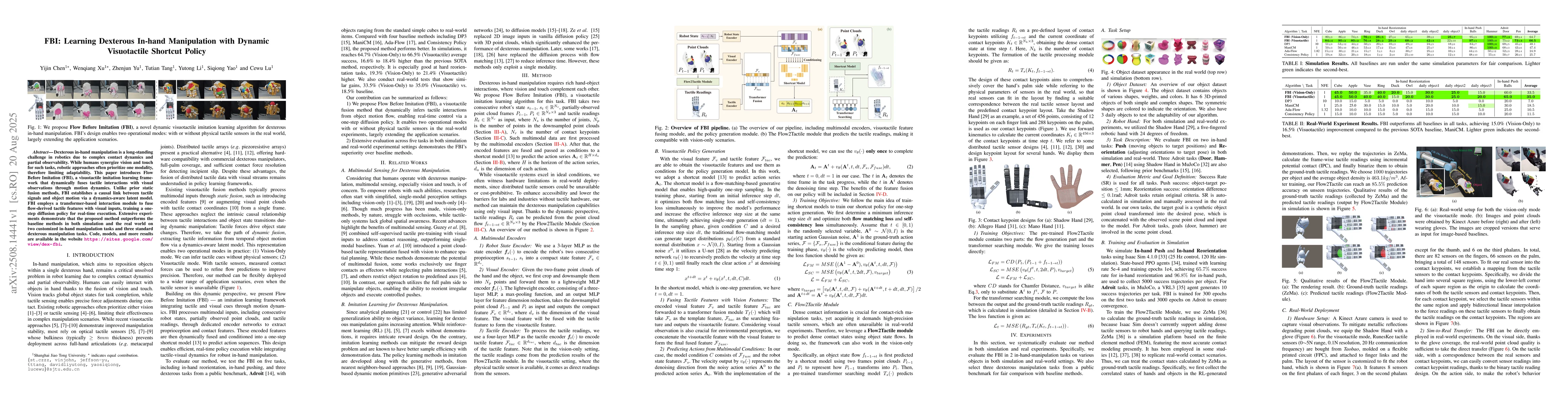 Thumbnail for FBI: Learning Dexterous In-hand Manipulation with Dynamic Visuotactile
  Shortcut Policy