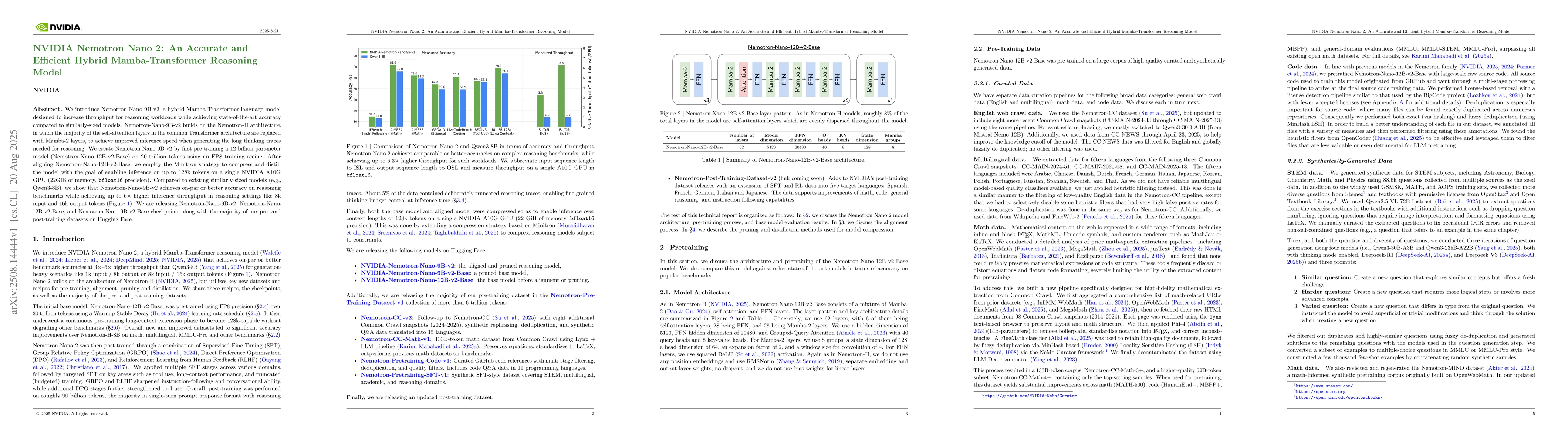 Thumbnail for NVIDIA Nemotron Nano 2: An Accurate and Efficient Hybrid
  Mamba-Transformer Reasoning Model