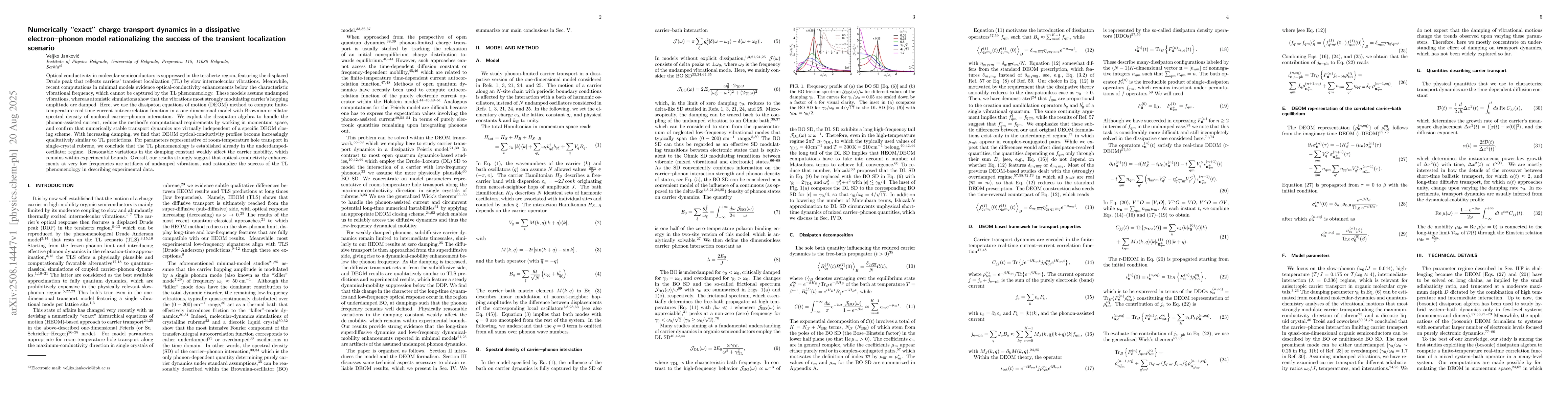 Thumbnail for Numerically "exact" charge transport dynamics in a dissipative
  electron-phonon model rationalizing the success of the transient localization
  scenario