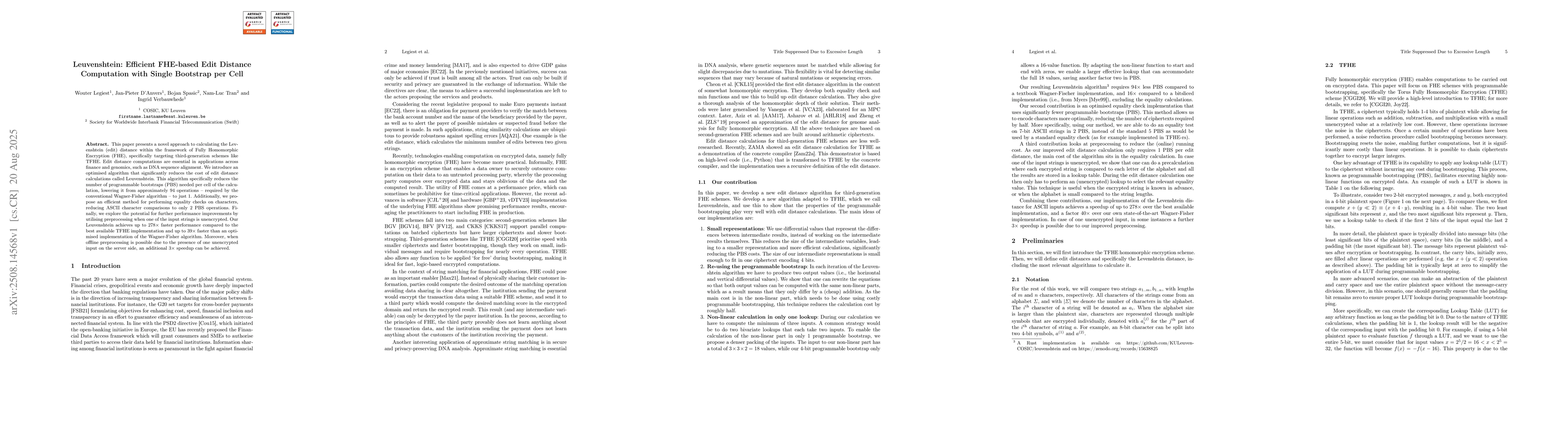 Thumbnail for Leuvenshtein: Efficient FHE-based Edit Distance Computation with Single
  Bootstrap per Cell