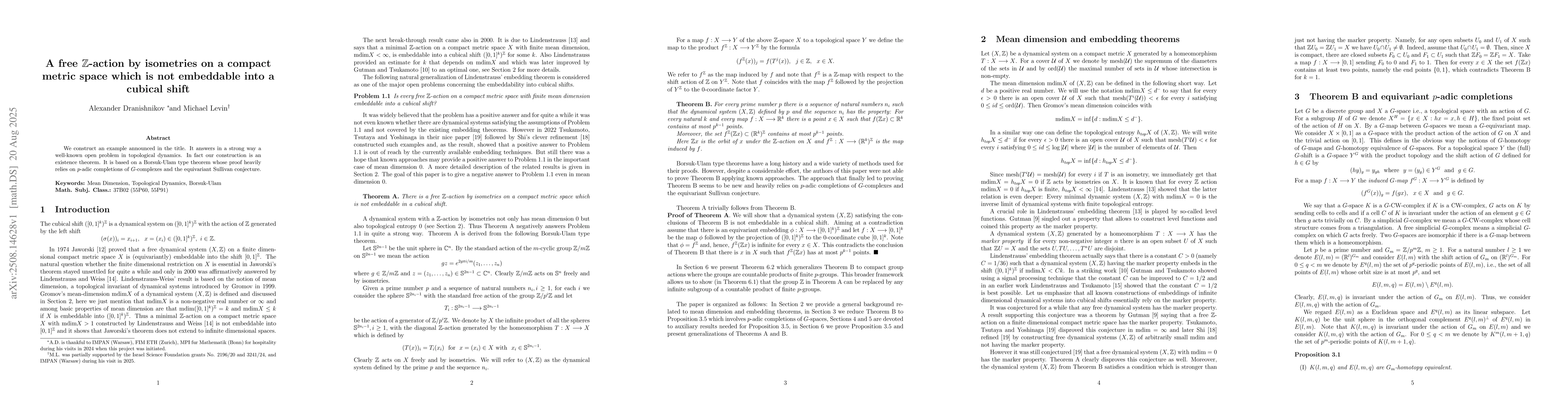 Thumbnail for A free Z-action by isometries on a compact metric space which is not
  embeddable into a cubical shift