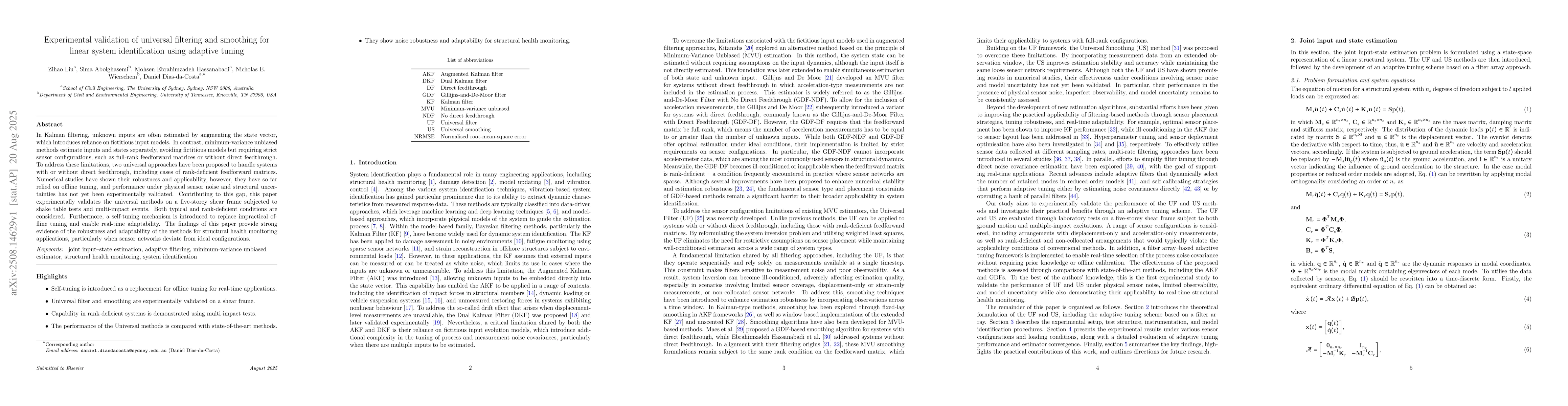 Thumbnail for Experimental validation of universal filtering and smoothing for linear
  system identification using adaptive tuning