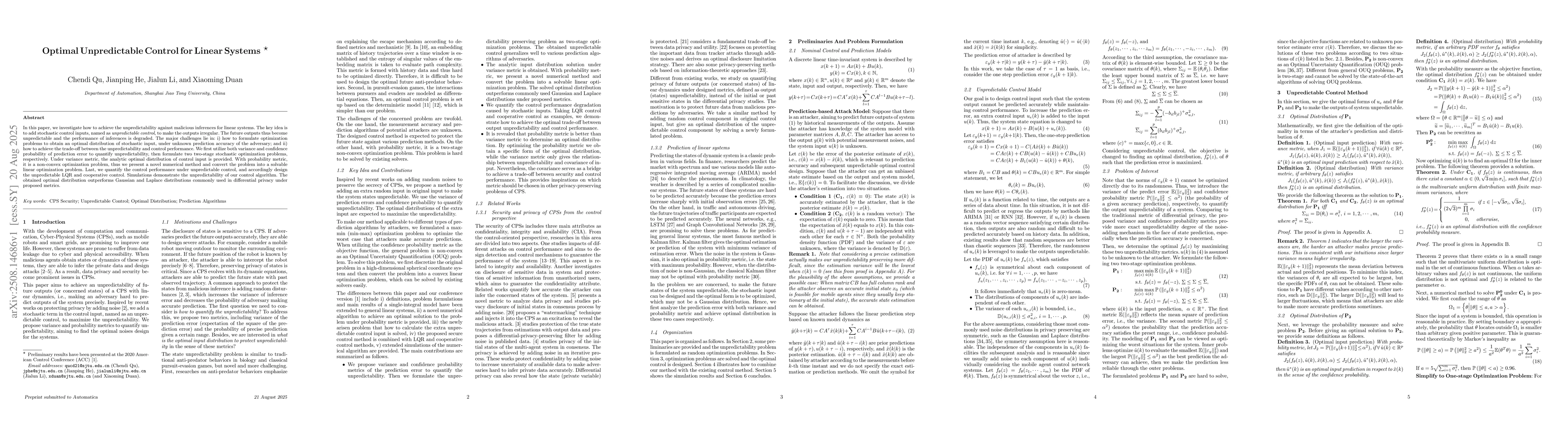 Thumbnail for Optimal Unpredictable Control for Linear Systems
