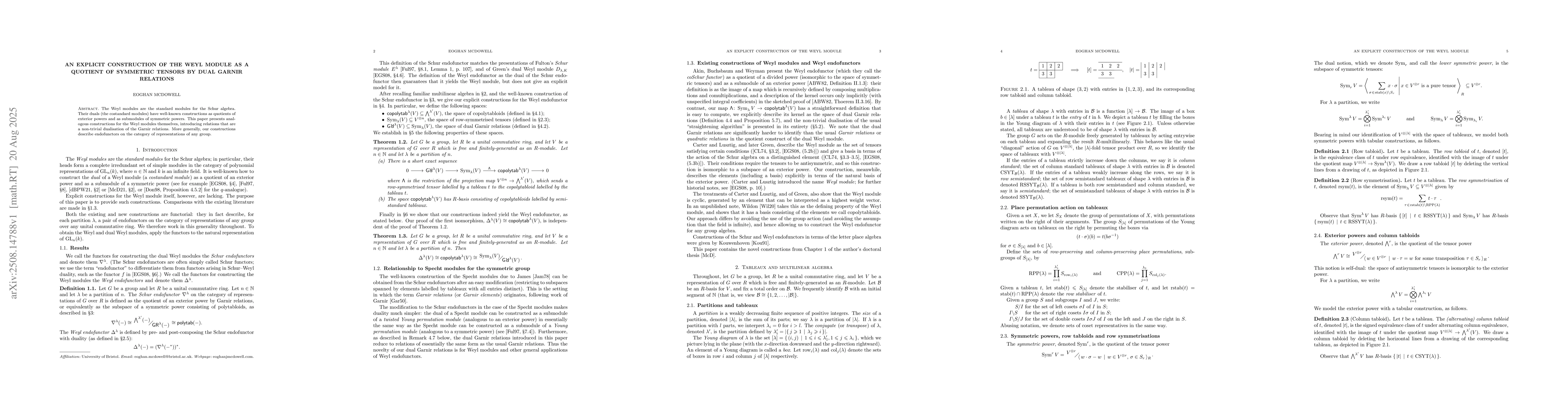 Thumbnail for An explicit construction of the Weyl module as a quotient of symmetric
  tensors by dual Garnir relations