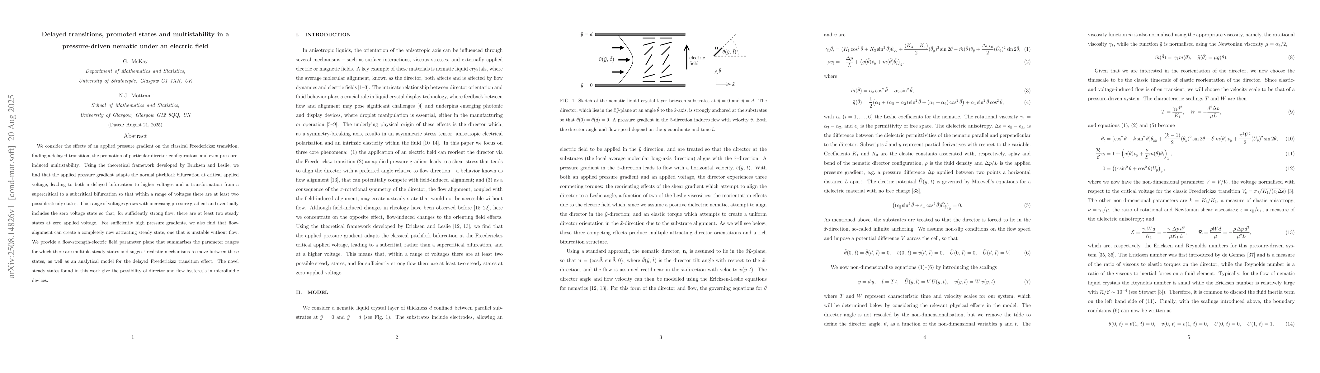 Thumbnail for Delayed transitions, promoted states and multistability in a
  pressure-driven nematic under an electric field