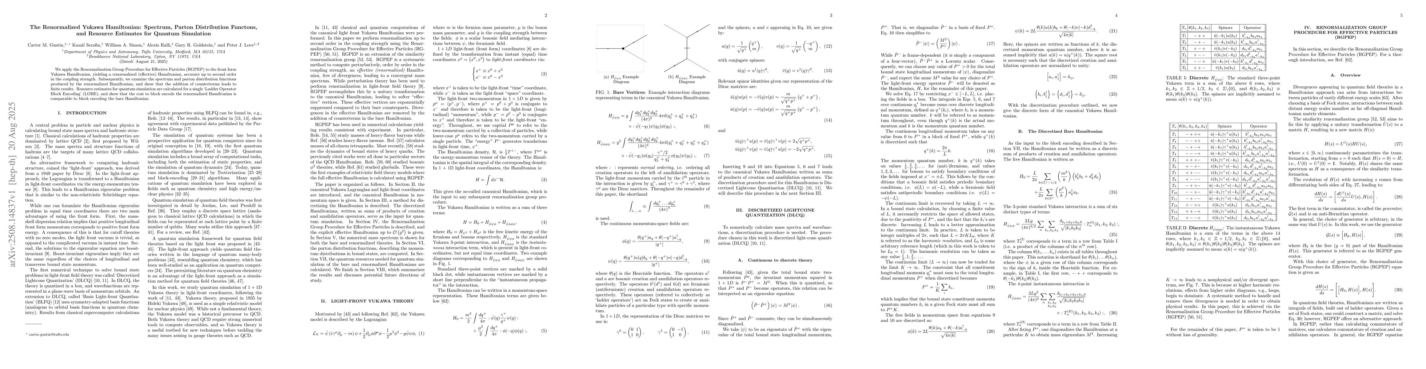 Thumbnail for The Renormalized Yukawa Hamiltonian: Spectrum, Parton Distribution
  Functons, and Resource Estimates for Quantum Simulation