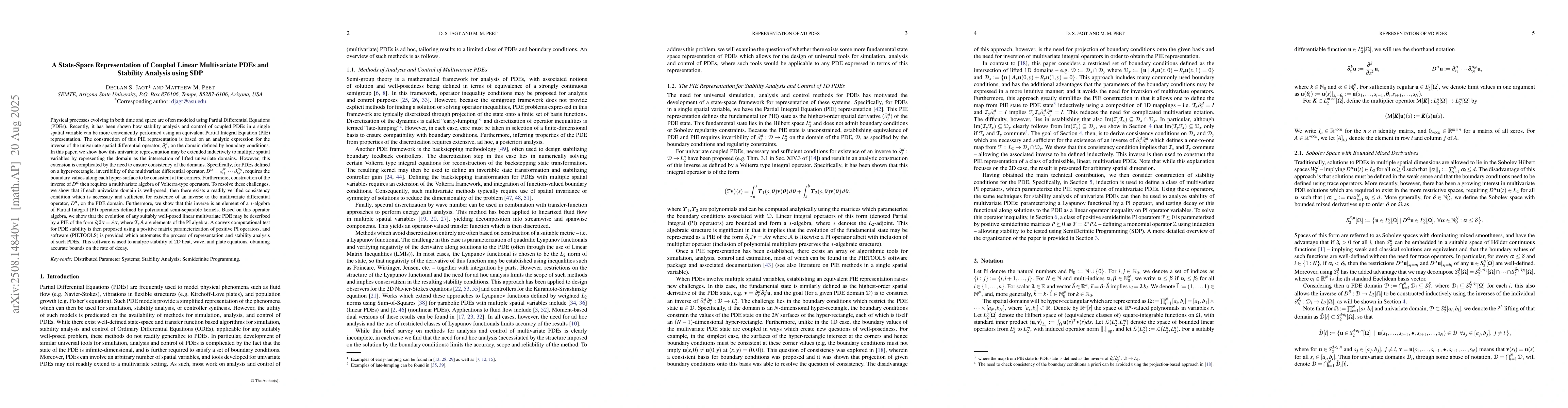 Thumbnail for A State-Space Representation of Coupled Linear Multivariate PDEs and
  Stability Analysis using SDP
