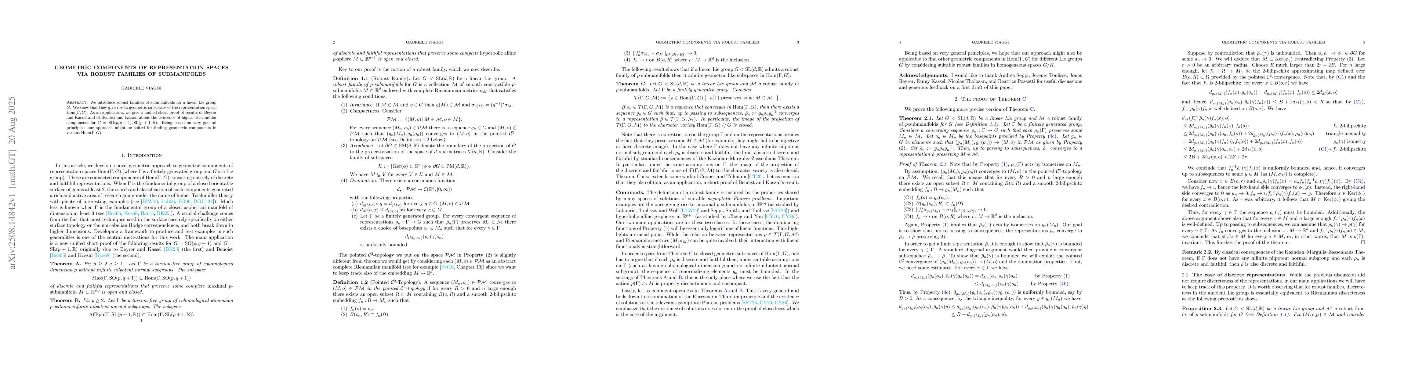 Thumbnail for Geometric components of representation spaces via robust families of
  submanifolds
