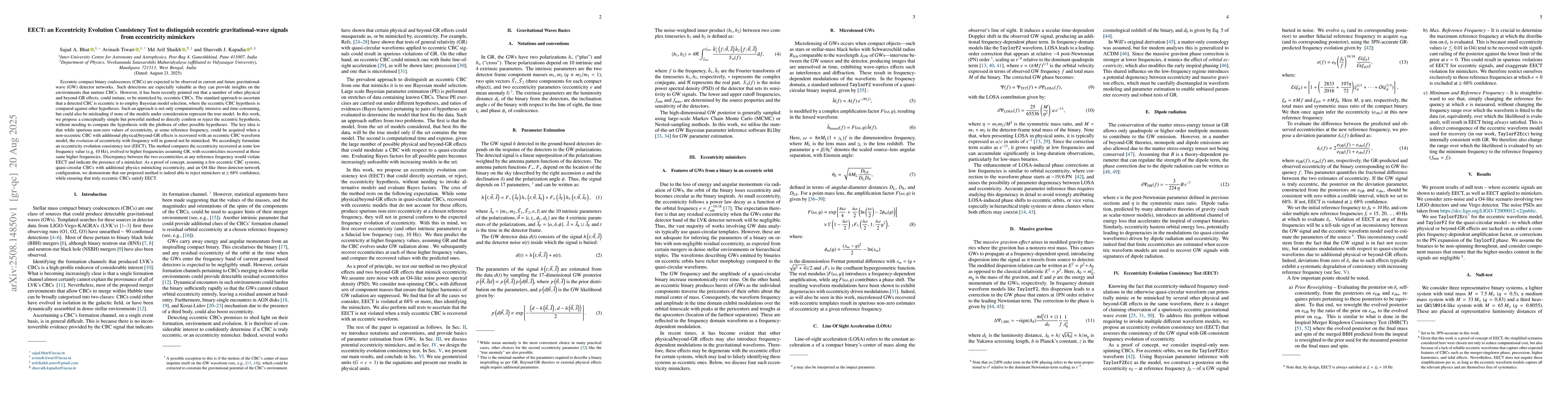 Thumbnail for EECT: an Eccentricity Evolution Consistency Test to distinguish
  eccentric gravitational-wave signals from eccentricity mimickers