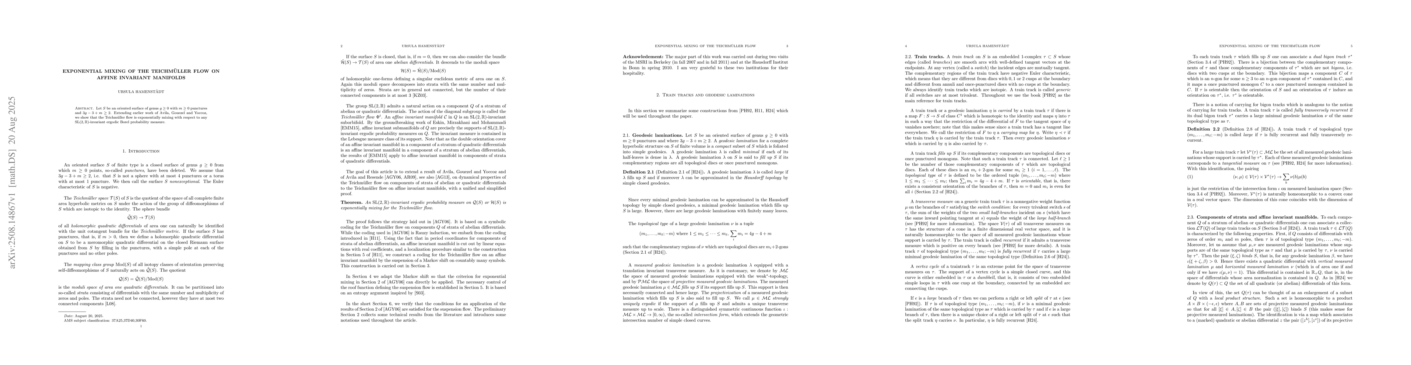 Thumbnail for Exponential mixing of the Teichmüller flow on affine invariant
  manifolds