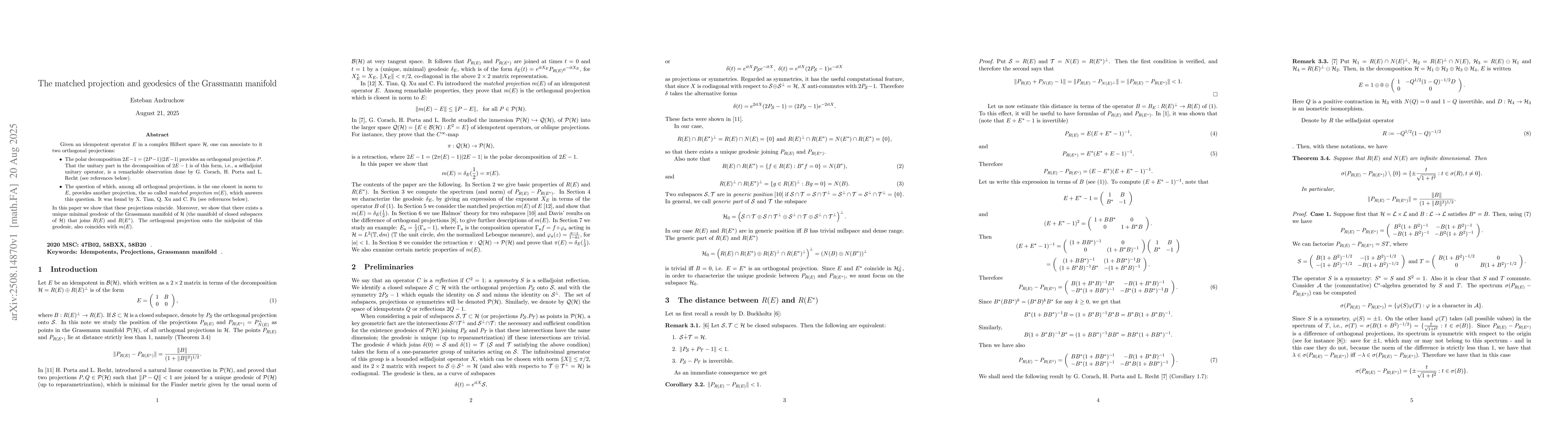 Thumbnail for The matched projection and geodesics of the Grassmann manifold