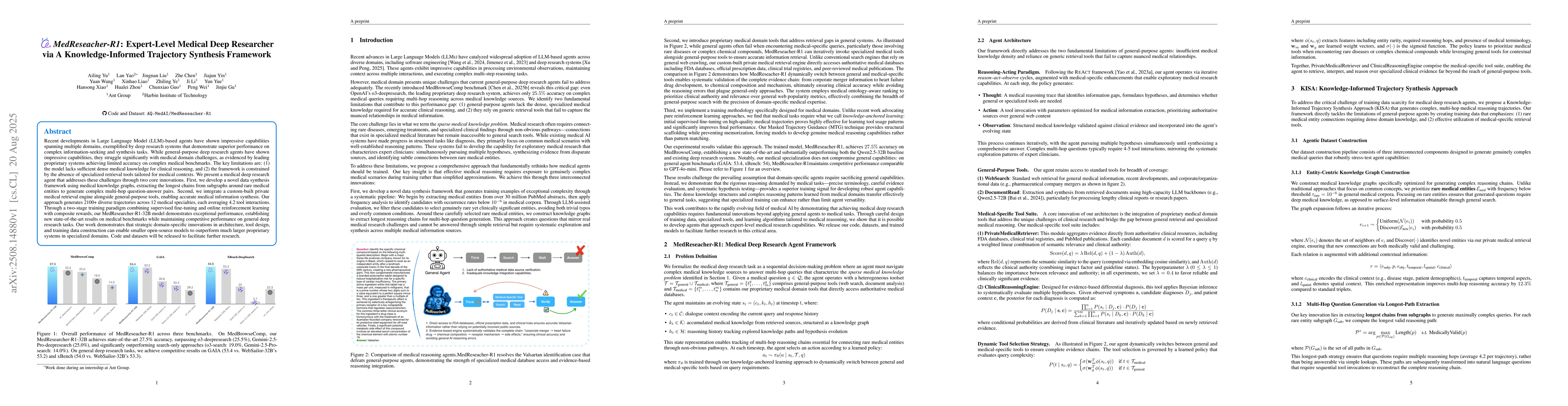 Thumbnail for MedReseacher-R1: Expert-Level Medical Deep Researcher via A
  Knowledge-Informed Trajectory Synthesis Framework