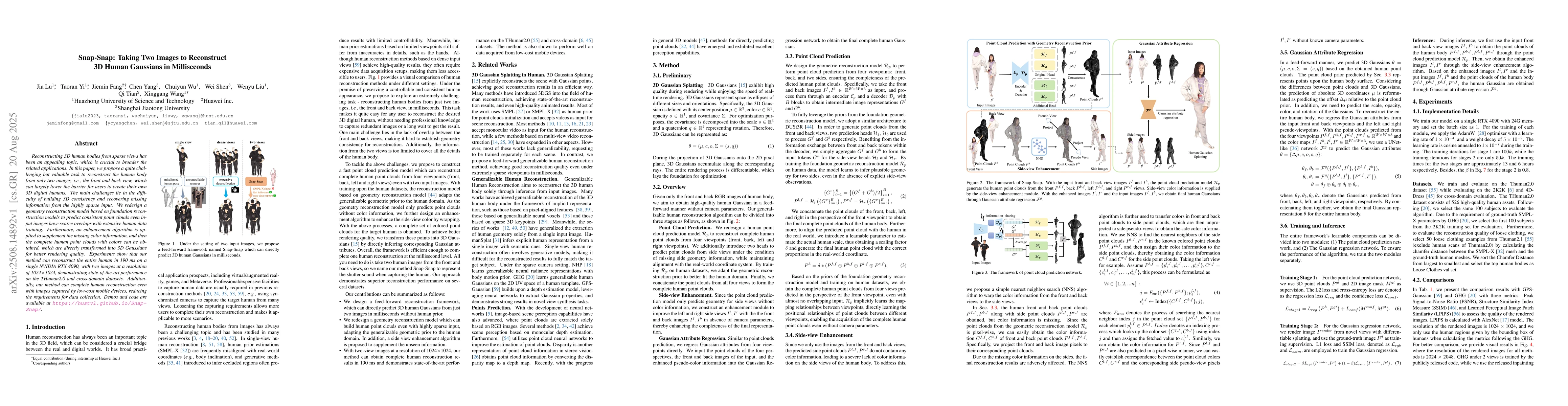 Thumbnail for Snap-Snap: Taking Two Images to Reconstruct 3D Human Gaussians in
  Milliseconds