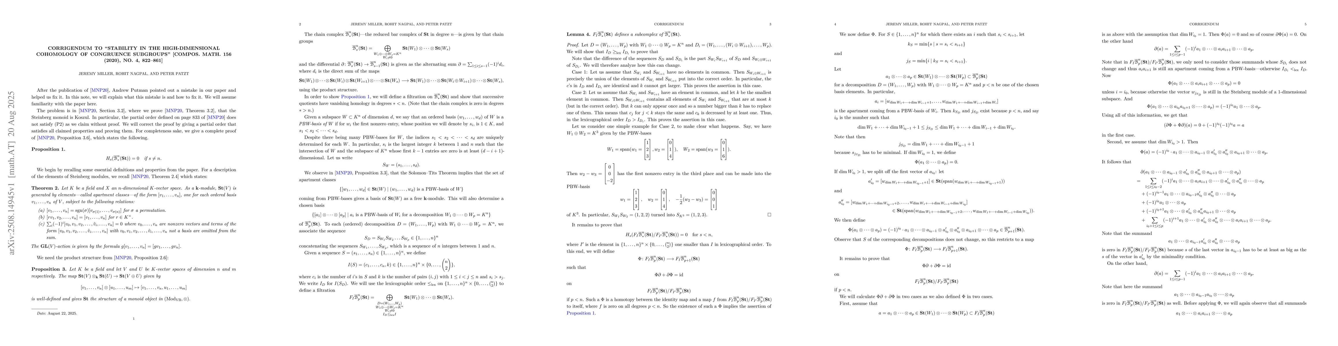Thumbnail for Corrigendum to "Stability in the high-dimensional cohomology of
  congruence subgroups" [Compos. Math. 156 (2020), no. 4, 822-861]