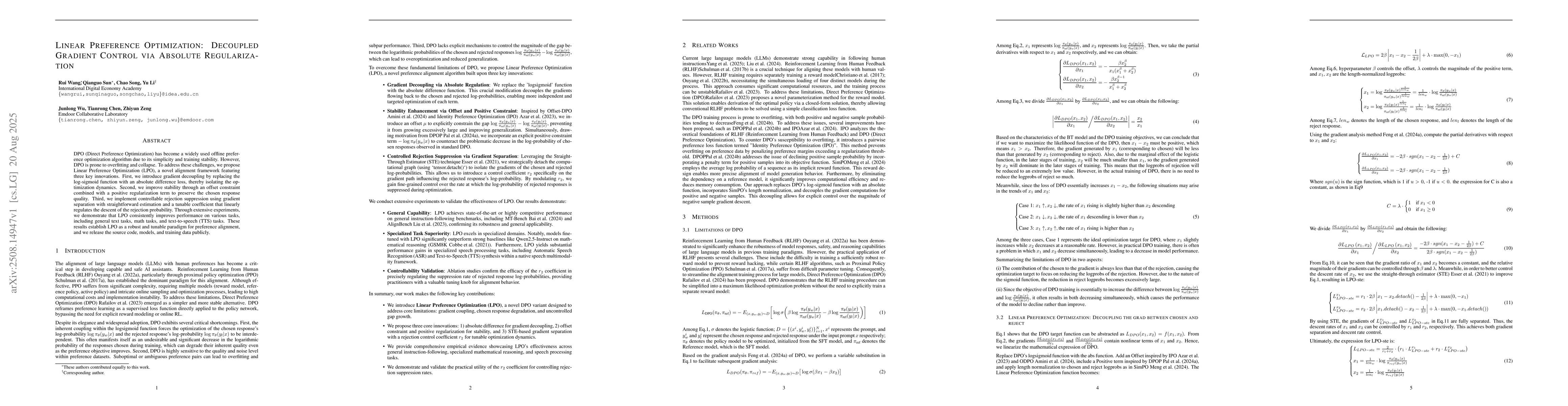 Thumbnail for Linear Preference Optimization: Decoupled Gradient Control via Absolute
  Regularization