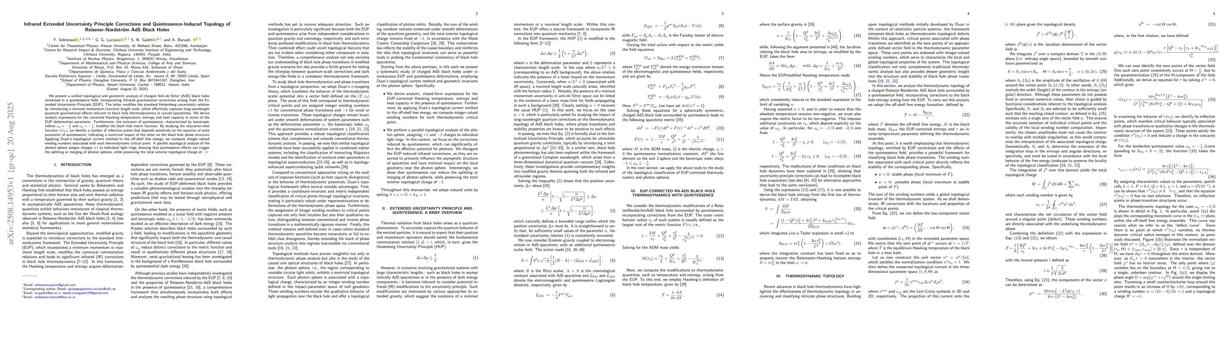 Thumbnail for Infrared Extended Uncertainty Principle Corrections and
  Quintessence-Induced Topology of Reissner-Nordström AdS Black Holes