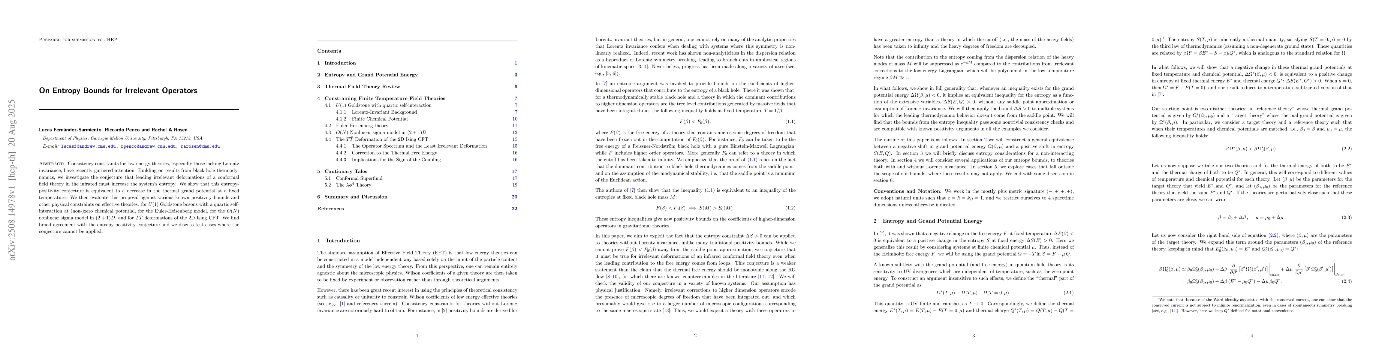 Thumbnail for On Entropy Bounds for Irrelevant Operators