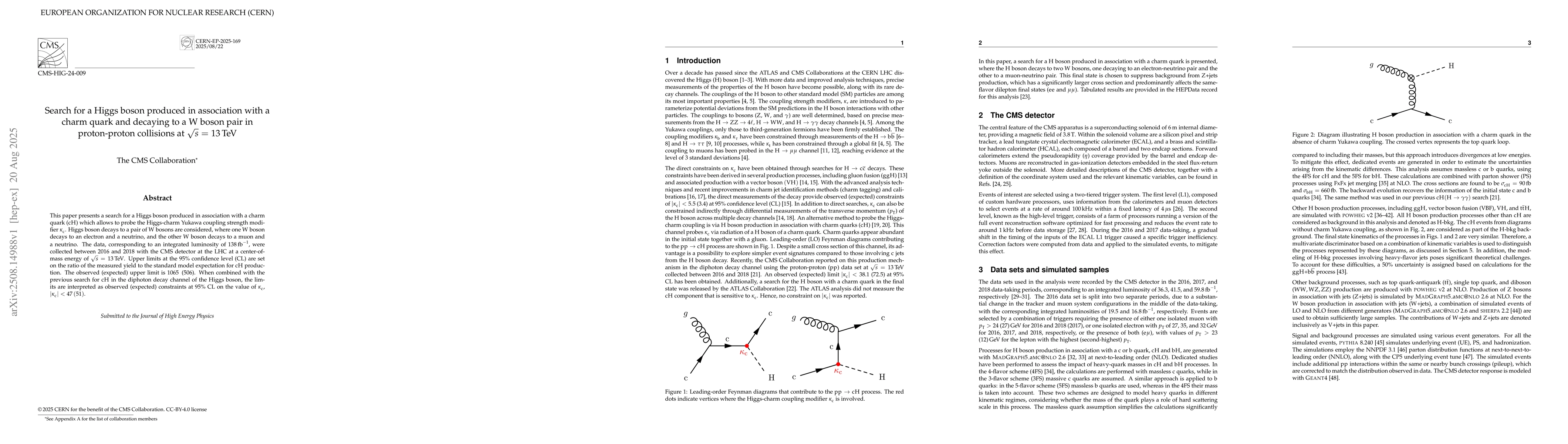 Thumbnail for Search for a Higgs boson produced in association with a charm quark and
  decaying to a W boson pair in proton-proton collisions at $\sqrt{s}$ = 13 TeV