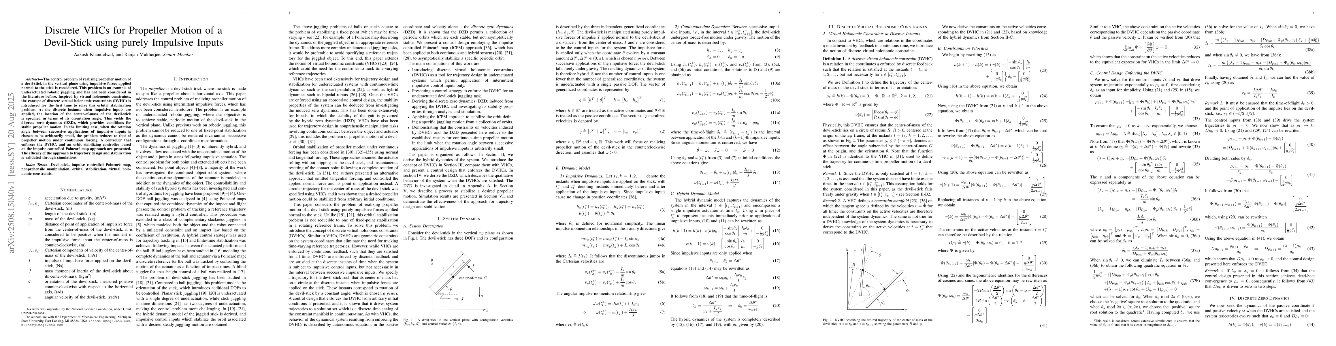 Thumbnail for Discrete VHCs for Propeller Motion of a Devil-Stick using purely
  Impulsive Inputs