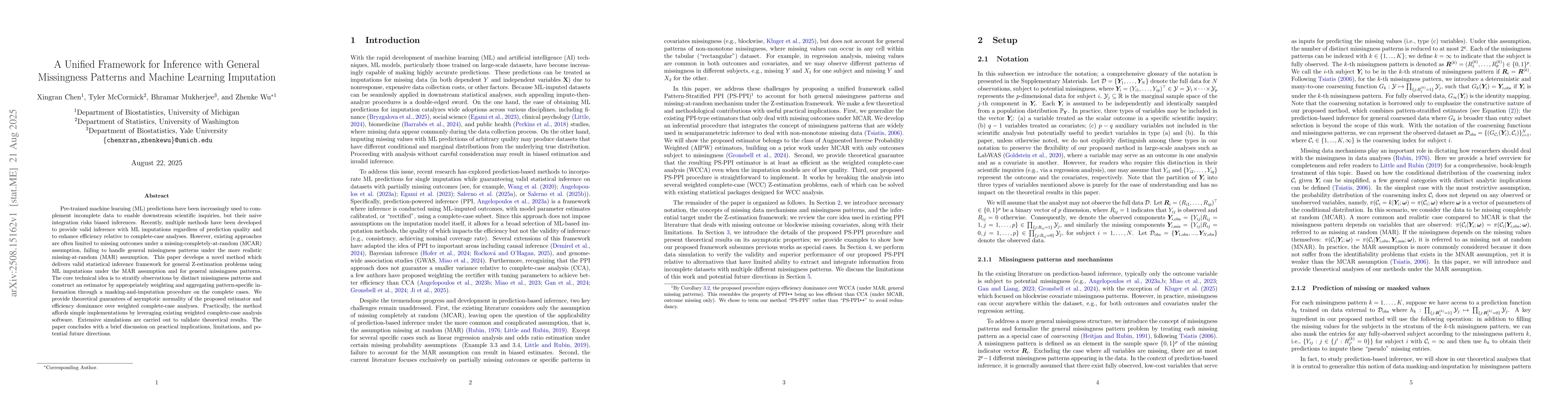 Thumbnail for A Unified Framework for Inference with General Missingness Patterns and
  Machine Learning Imputation