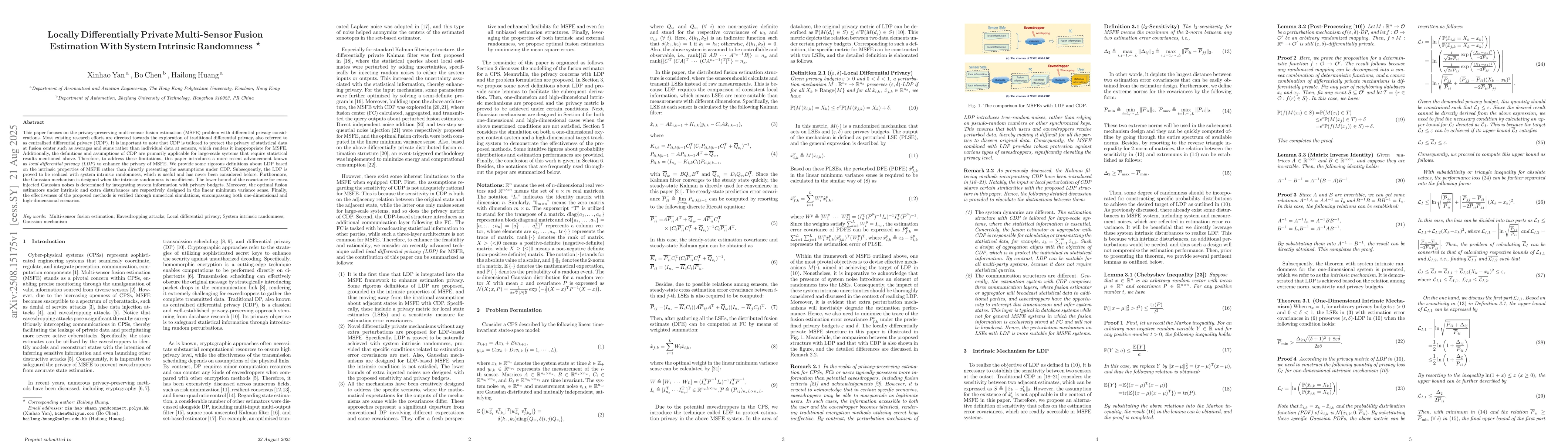 Thumbnail for Locally Differentially Private Multi-Sensor Fusion Estimation With
  System Intrinsic Randomness