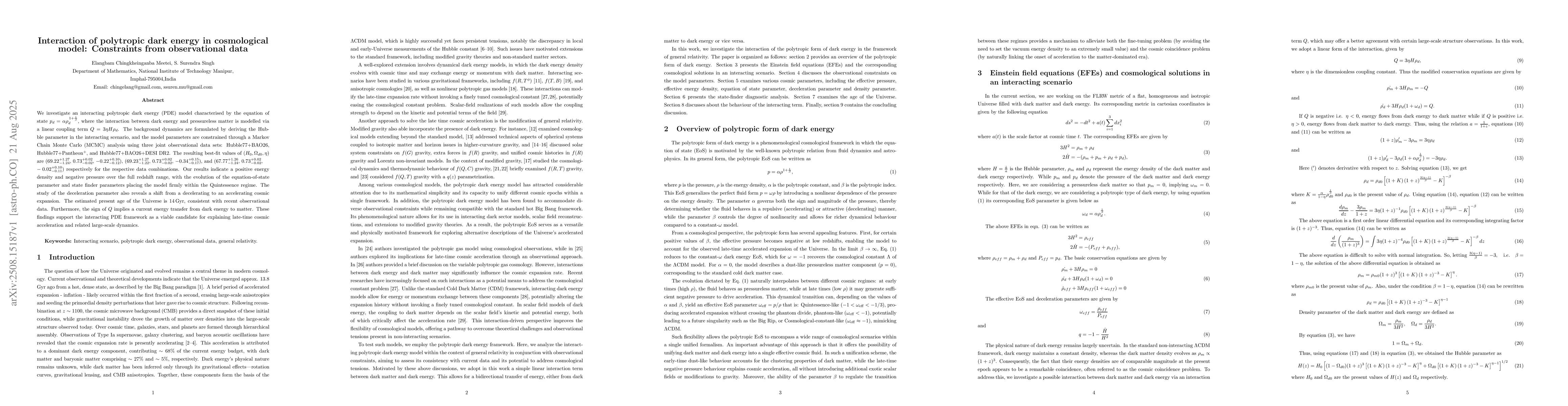 Thumbnail for Interaction of polytropic dark energy in cosmological model: Constraints
  from observational data