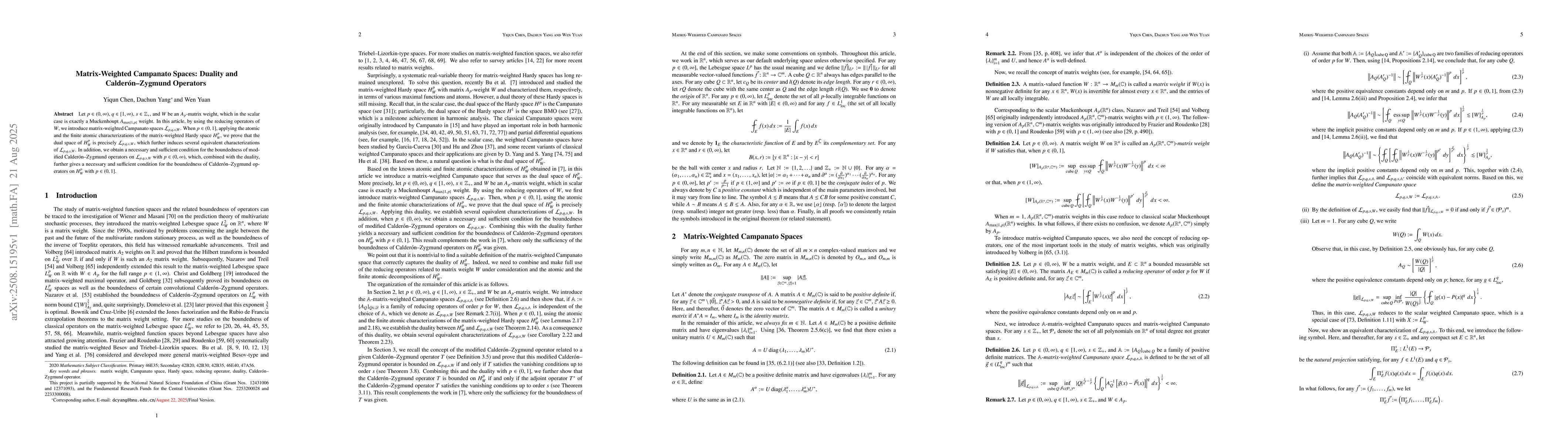 Thumbnail for Matrix-Weighted Campanato Spaces: Duality and Calderón--Zygmund
  Operators