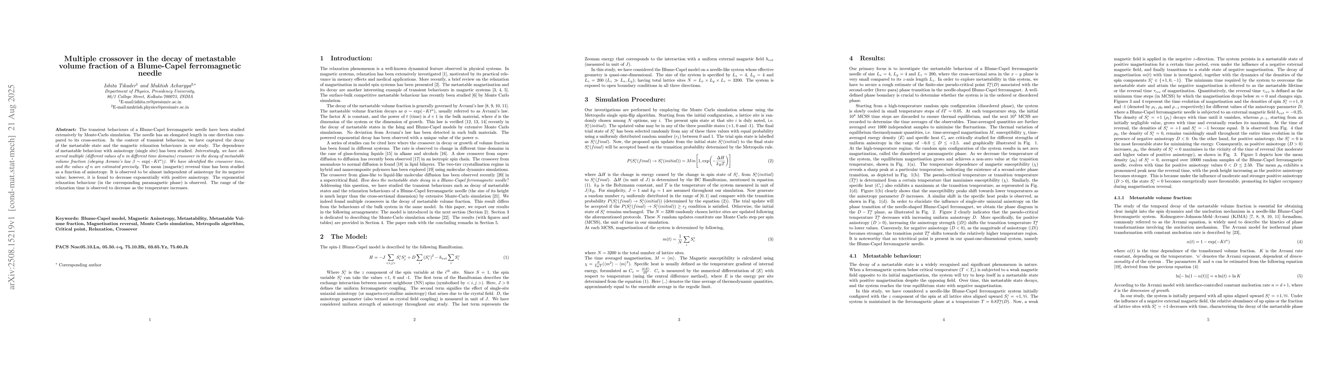 Thumbnail for Multiple crossover in the decay of metastable volume fraction of a
  Blume-Capel ferromagnetic needle