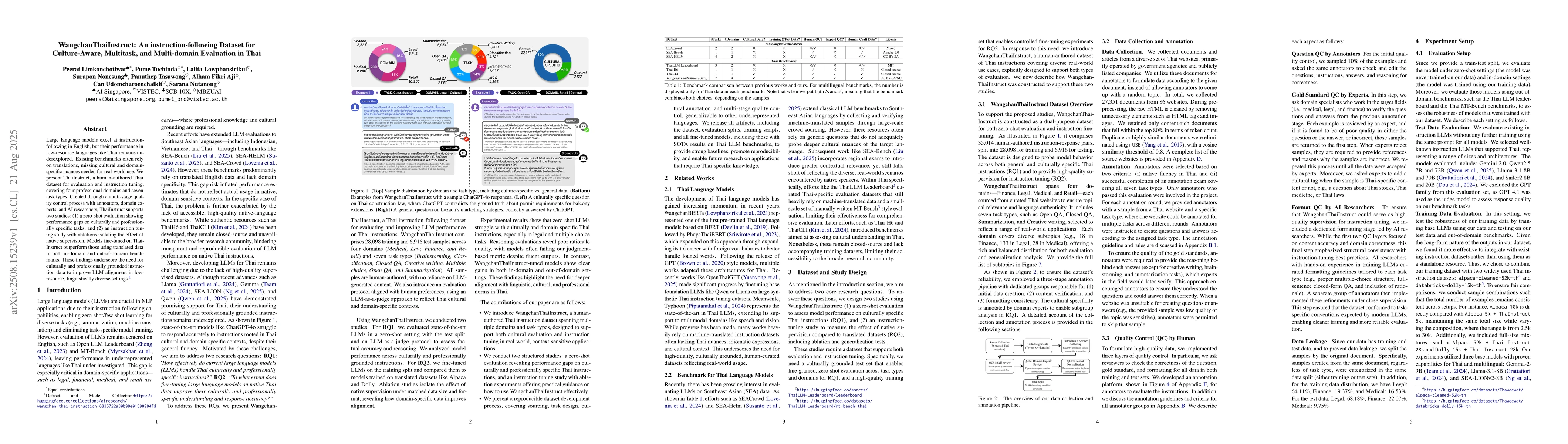 Thumbnail for WangchanThaiInstruct: An instruction-following Dataset for
  Culture-Aware, Multitask, and Multi-domain Evaluation in Thai