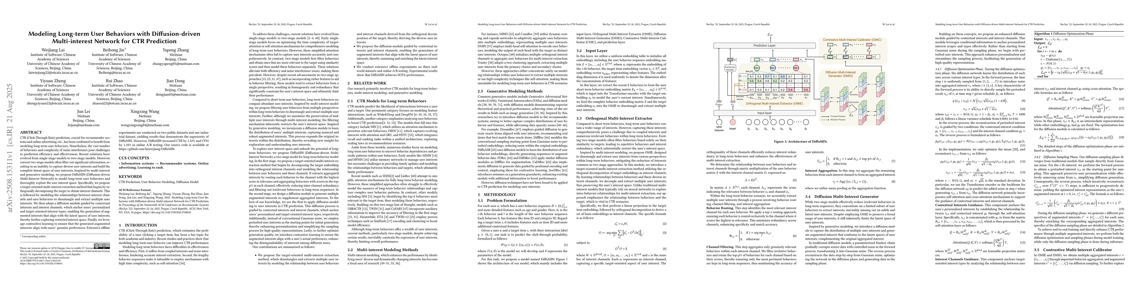 Thumbnail for Modeling Long-term User Behaviors with Diffusion-driven Multi-interest
  Network for CTR Prediction