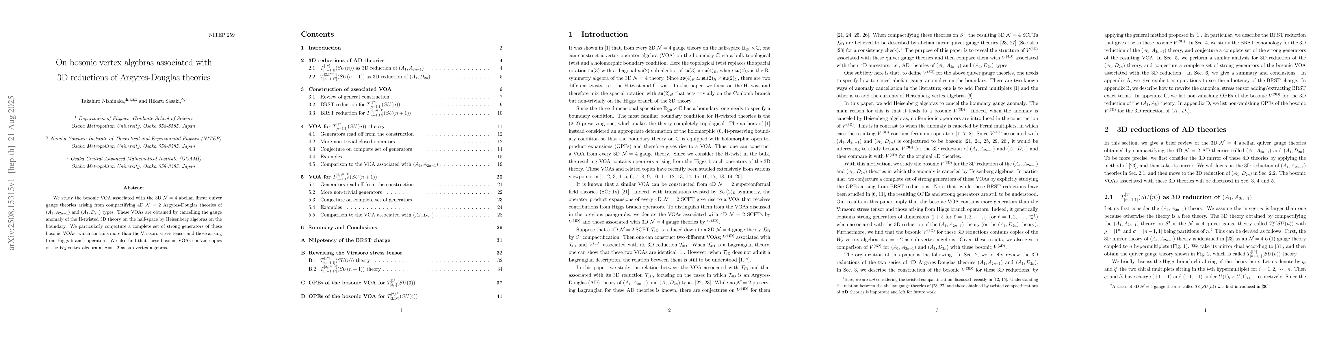 Thumbnail for On bosonic vertex algebras associated with 3D reductions of
  Argyres-Douglas theories