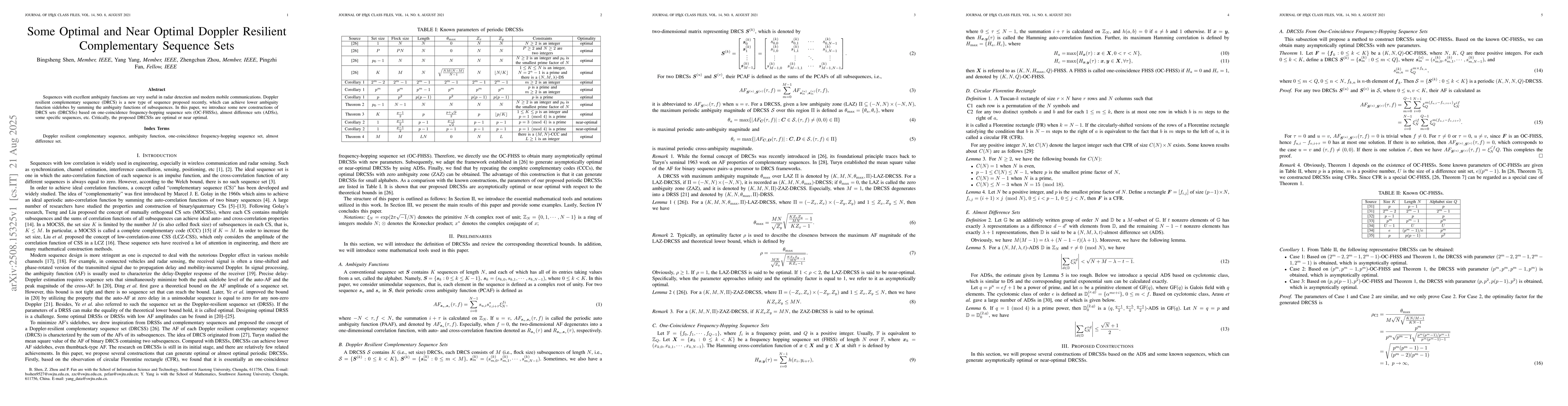 Thumbnail for Some Optimal and Near Optimal Doppler Resilient Complementary Sequence
  Sets