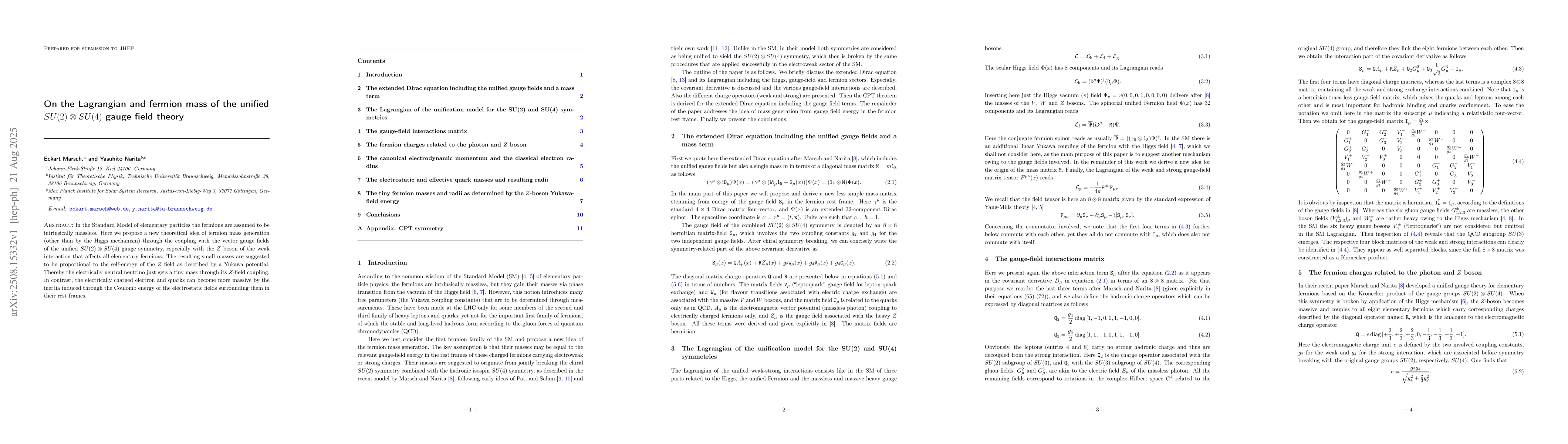 Thumbnail for On the Lagrangian and fermion mass of the unified $SU(2) \otimes SU(4)$
  gauge field theory