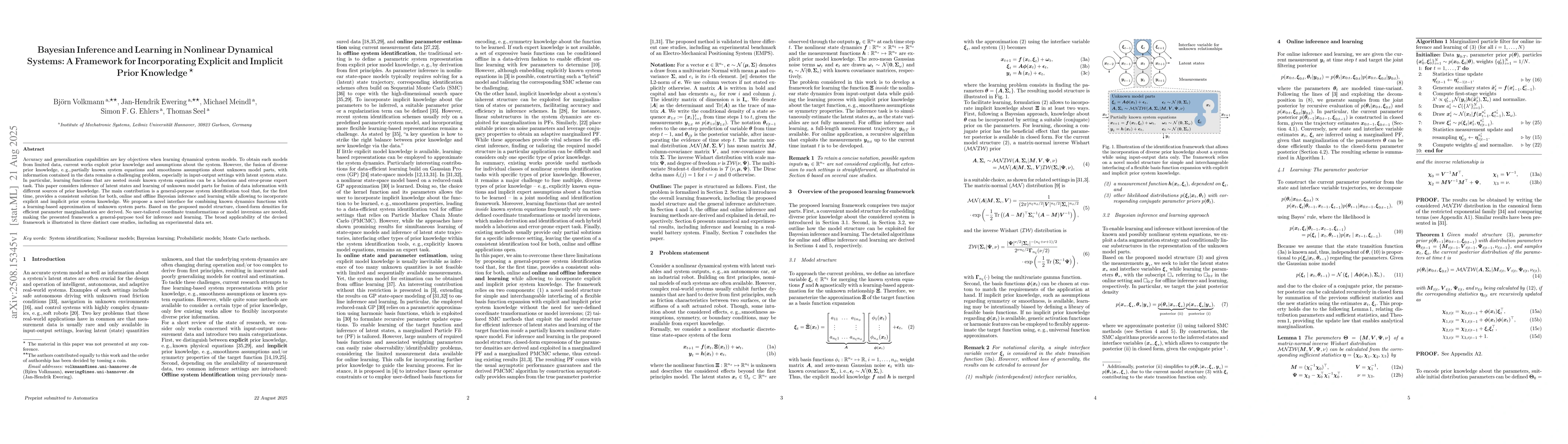 Thumbnail for Bayesian Inference and Learning in Nonlinear Dynamical Systems: A
  Framework for Incorporating Explicit and Implicit Prior Knowledge