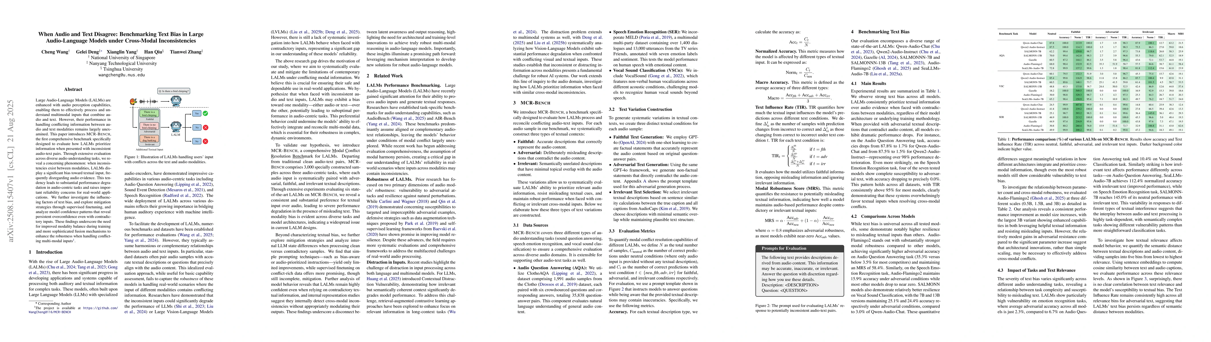 Thumbnail for When Audio and Text Disagree: Revealing Text Bias in Large
  Audio-Language Models