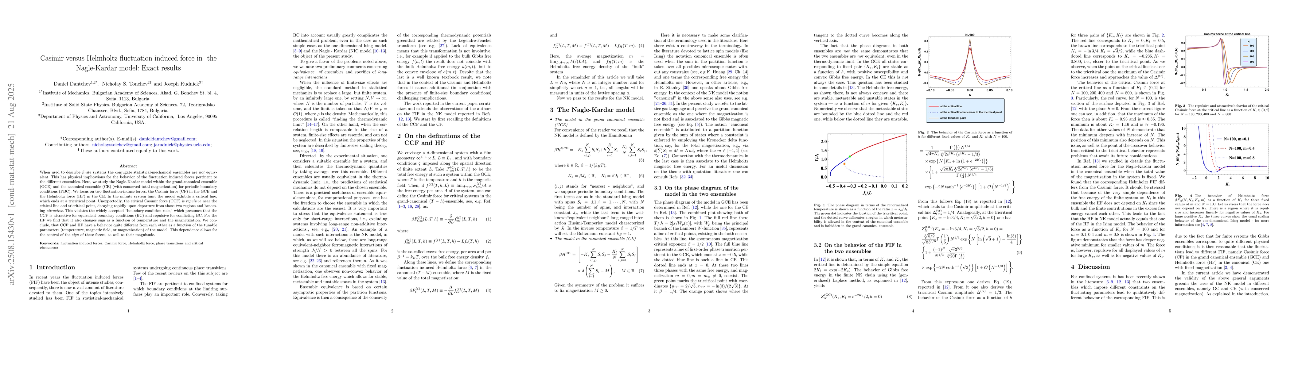 Thumbnail for Casimir versus Helmholtz fluctuation induced force in { the
  Nagle}-Kardar model: Exact results