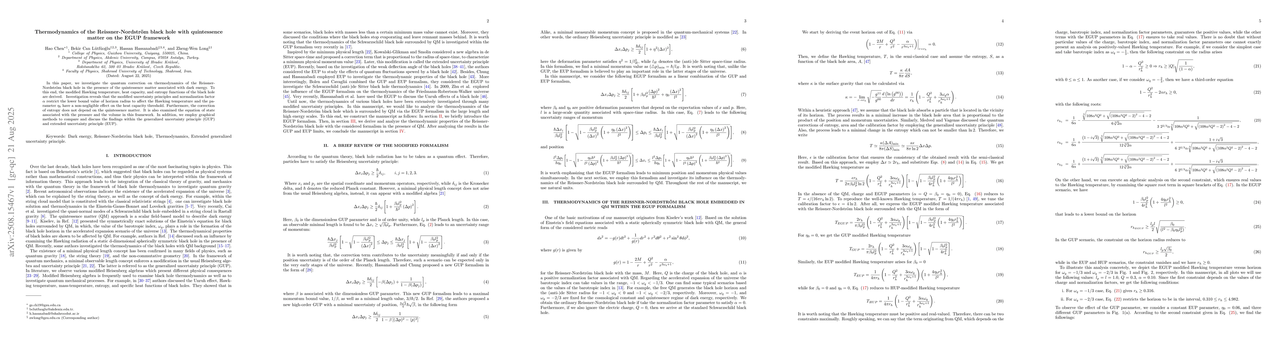Thumbnail for Thermodynamics of the Reissner-Nordström black hole with quintessence
  matter on the EGUP framework