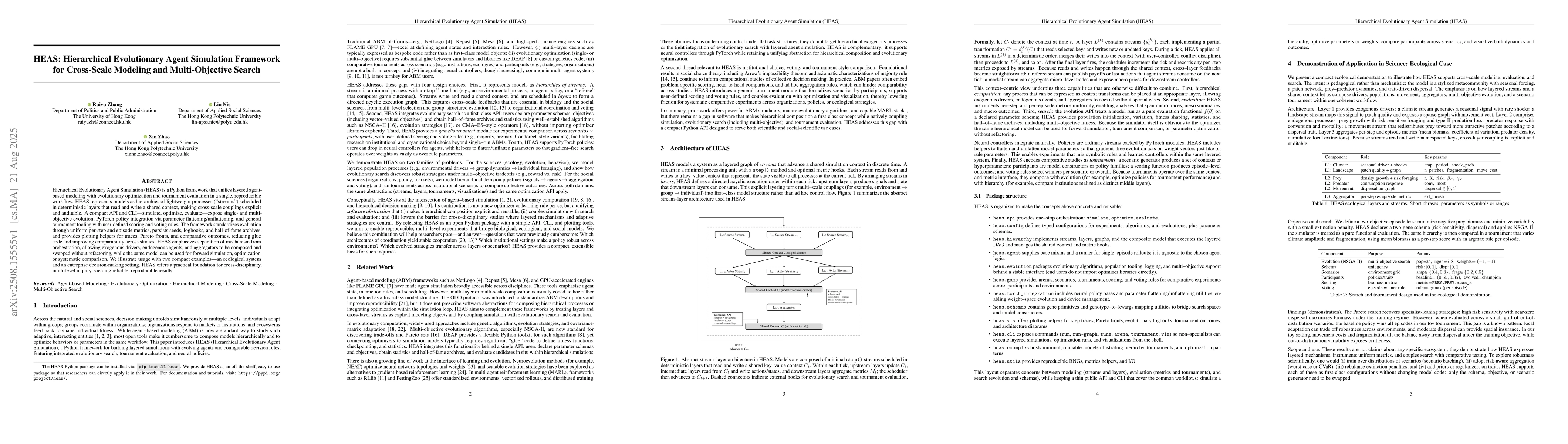 Thumbnail for HEAS: Hierarchical Evolutionary Agent Simulation Framework for
  Cross-Scale Modeling and Multi-Objective Search