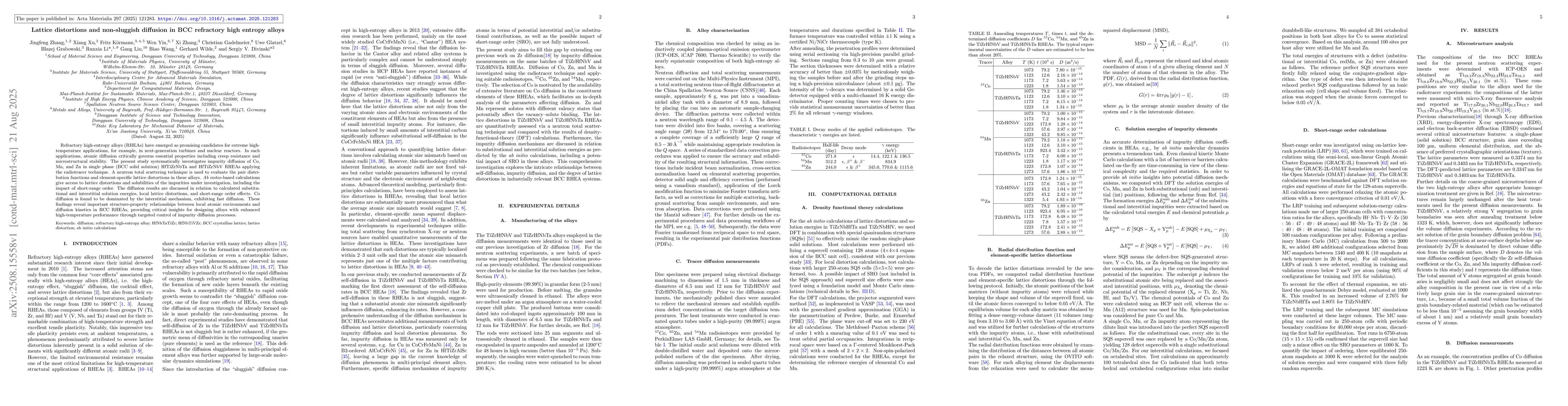 Thumbnail for Lattice distortions and non-sluggish diffusion in BCC refractory high
  entropy alloys