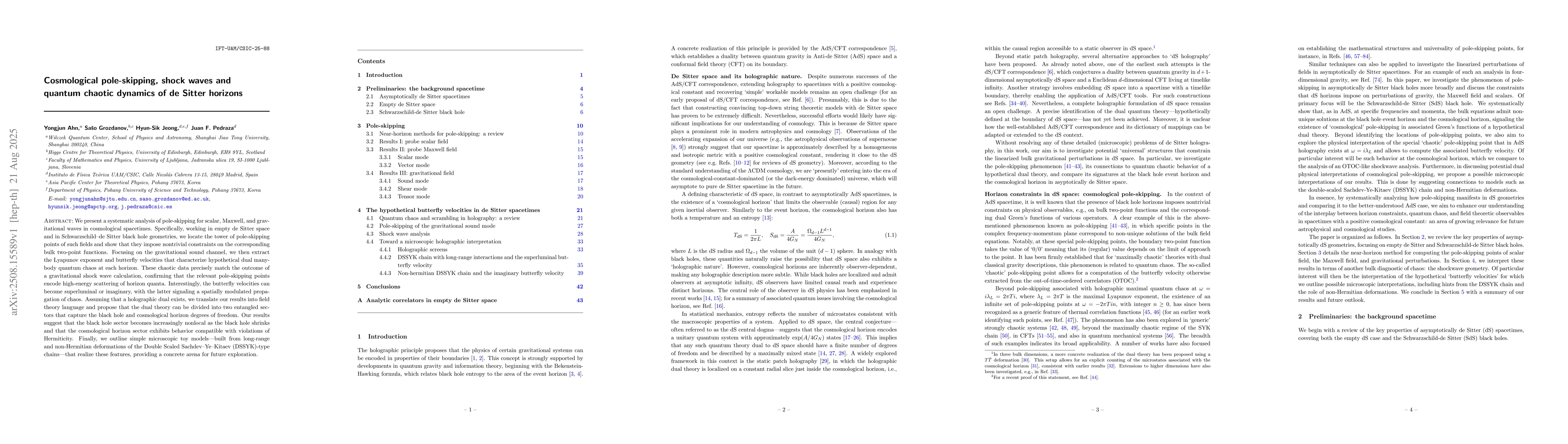 Thumbnail for Cosmological pole-skipping, shock waves and quantum chaotic dynamics of
  de Sitter horizons