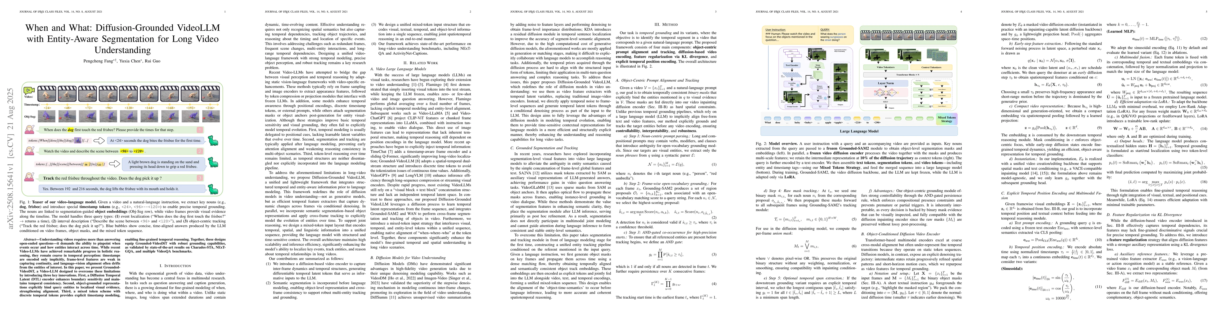 Thumbnail for When and What: Diffusion-Grounded VideoLLM with Entity Aware
  Segmentation for Long Video Understanding