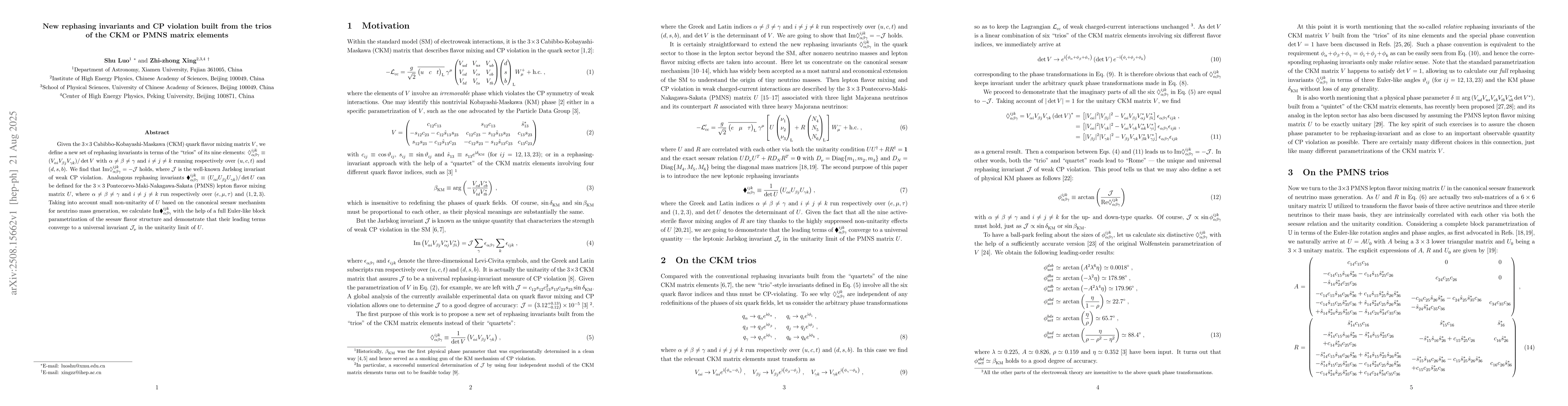 Thumbnail for New rephasing invariants and CP violation built from the trios of the
  CKM or PMNS matrix elements