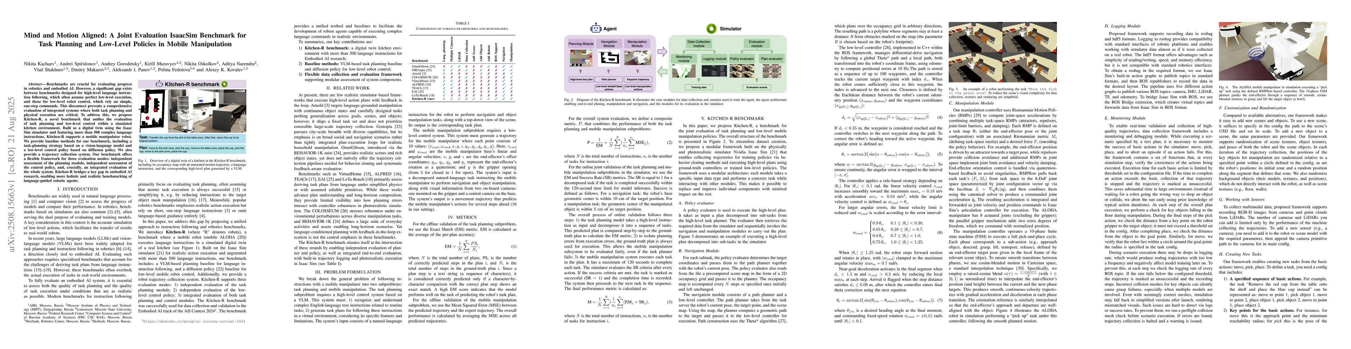 Thumbnail for Mind and Motion Aligned: A Joint Evaluation IsaacSim Benchmark for Task
  Planning and Low-Level Policies in Mobile Manipulation